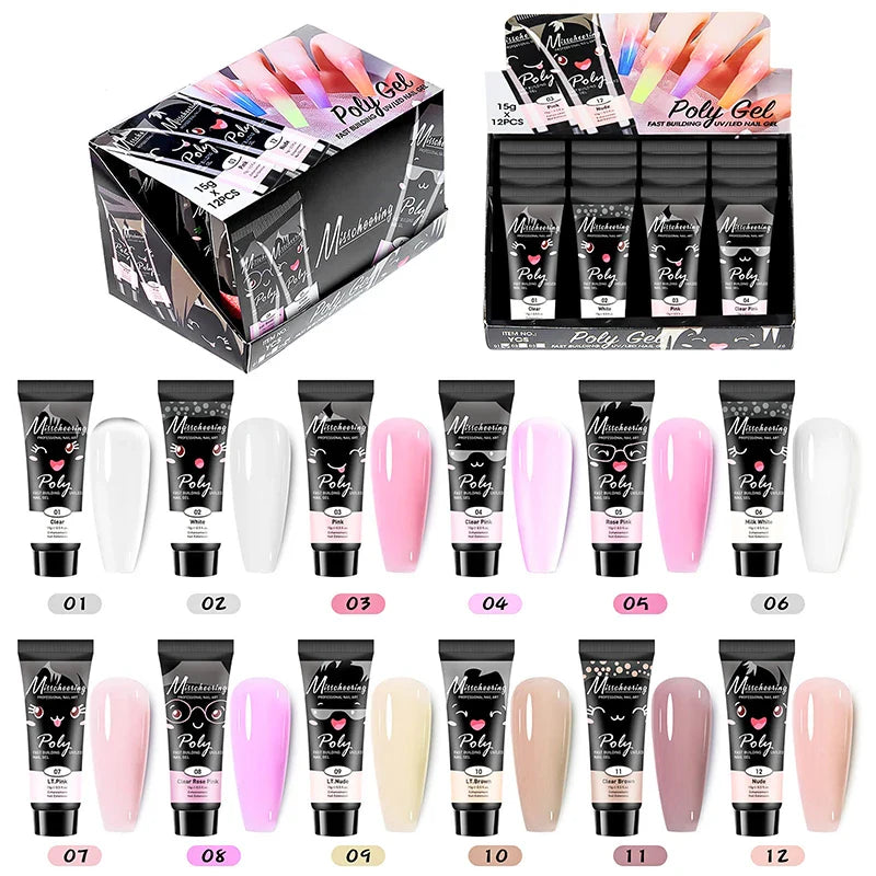 12pcs/set Extension Gel Nail Art Semi Permanent Acrylic Glitter Fluorescent Nude Colorful Fast Building Hybrid Varnish UV Nails