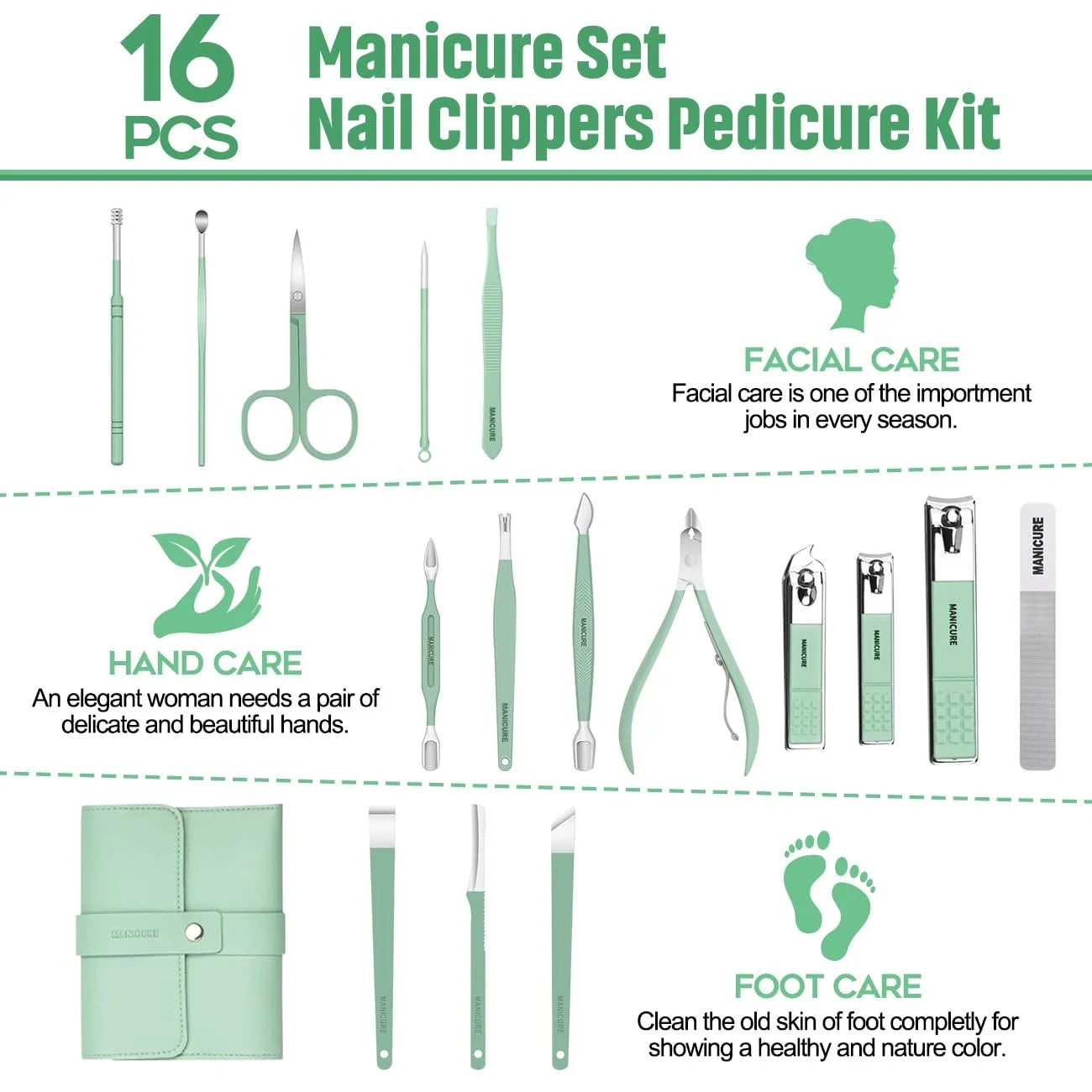 Professional 16pc Manicure Set - Stainless Steel with Case. Essential for nail, cuticle, and callus care. Perfect Household Gift