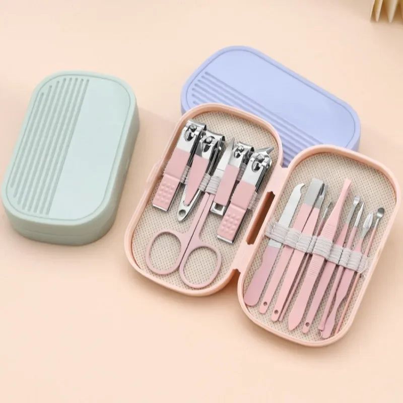 14 Piece Deluxe Manicure & Pedicure Set Pink And Blue Stainless Steel Nail Scissors, Clippers, Ear Digging Spoon for Men & Women