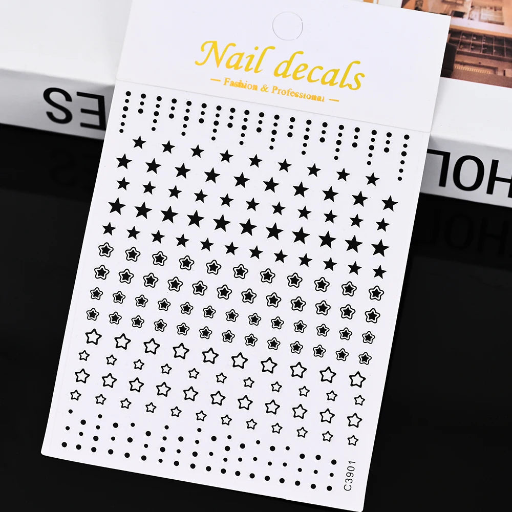 3D Gold Silver Star Nail Art Stickers Black White Crescent Moon Decals Self Adhesive Slider Polish Stickers Manicure Decoration