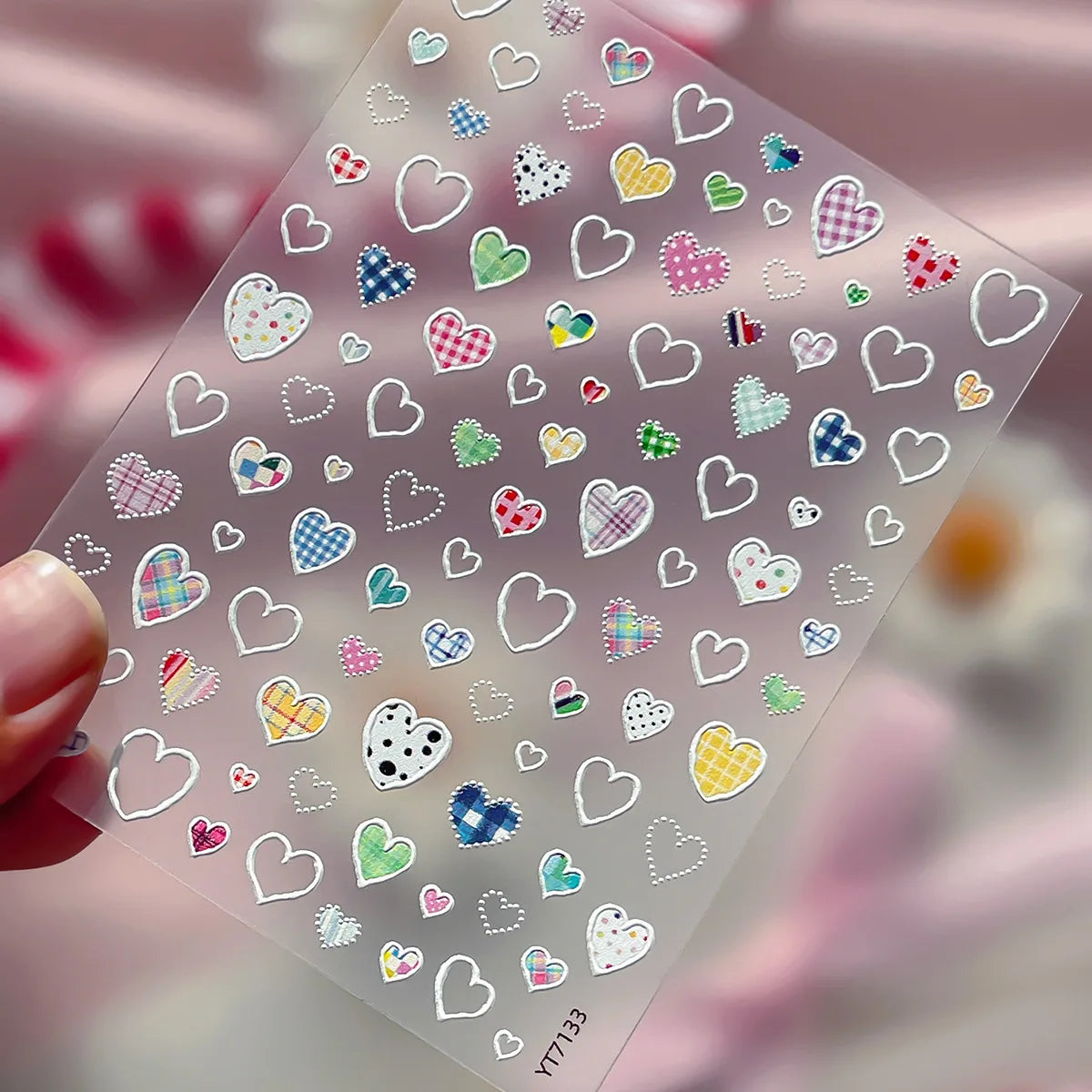 Silver-embossed Heart-shaped Nail Stickers Valentine's Day Colorful Checkered Nails Art Sticker Decorations DIY 3D Nails Decals