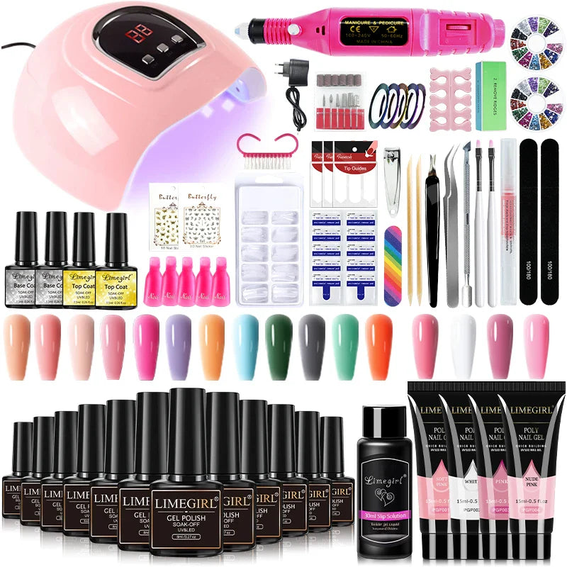 Limegirl Nail Set Nail Gel Tools Kit 54W Nail Lamp 18/12/7 Colors UV Gel Nail Polish Kit Contains Nail Drill Machine Nail Kit