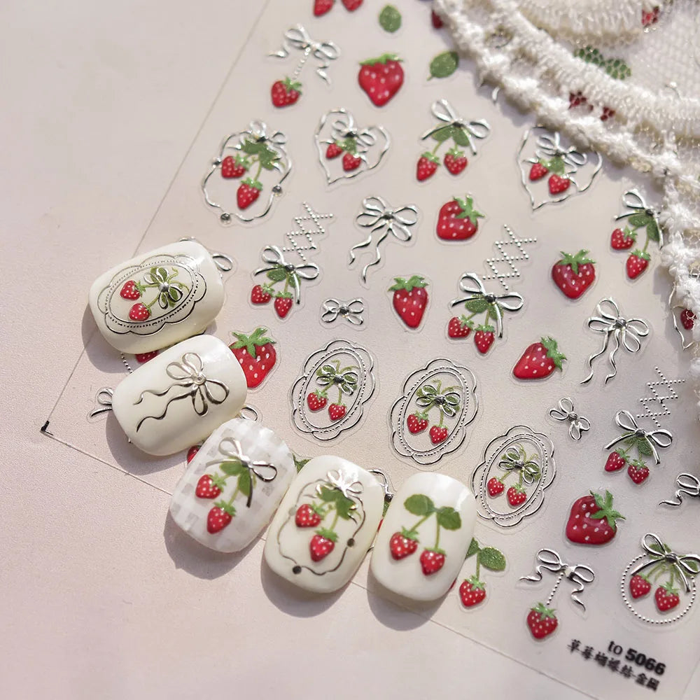 Strawberry Nail Art Stickers 5D Gold Silver Embossed Strawberry Jelly Nail Decals Sticker Bow Heart Shape Adhesive Sliders