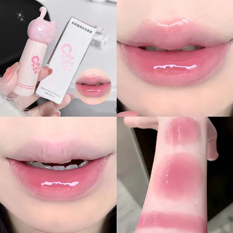 Cute Cat Mirror Dyeing Lip Gloss Moisturizer Liquid Lipstick Waterproof Lasting Almond Milk Dew Lip Tint Korean Makeup Cosmetics