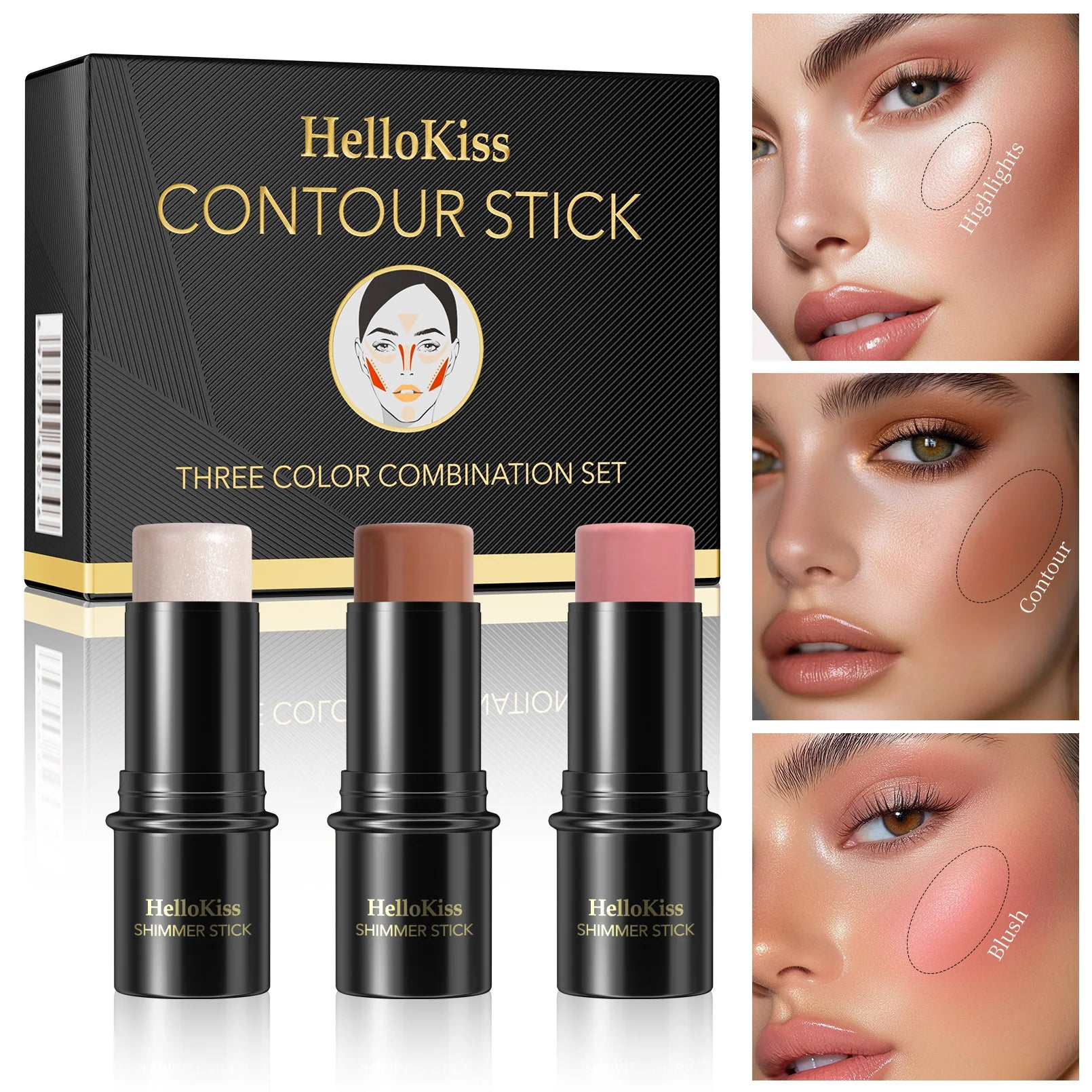 1 Set of 3 Contour Sticks, Highlighter Stick, Blush Stick, 3-Piece Cream Contour Set Including Contour Brush, Creates Facial Contours, Non-Greasy