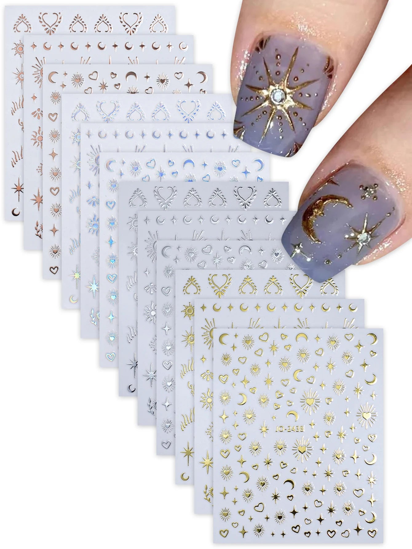6/12 Sheets Gold & Silver Star, Moon & Heart Nail Stickers, Self-Adhesive 3D Nail Art Decals for DIY Manicure Decoration