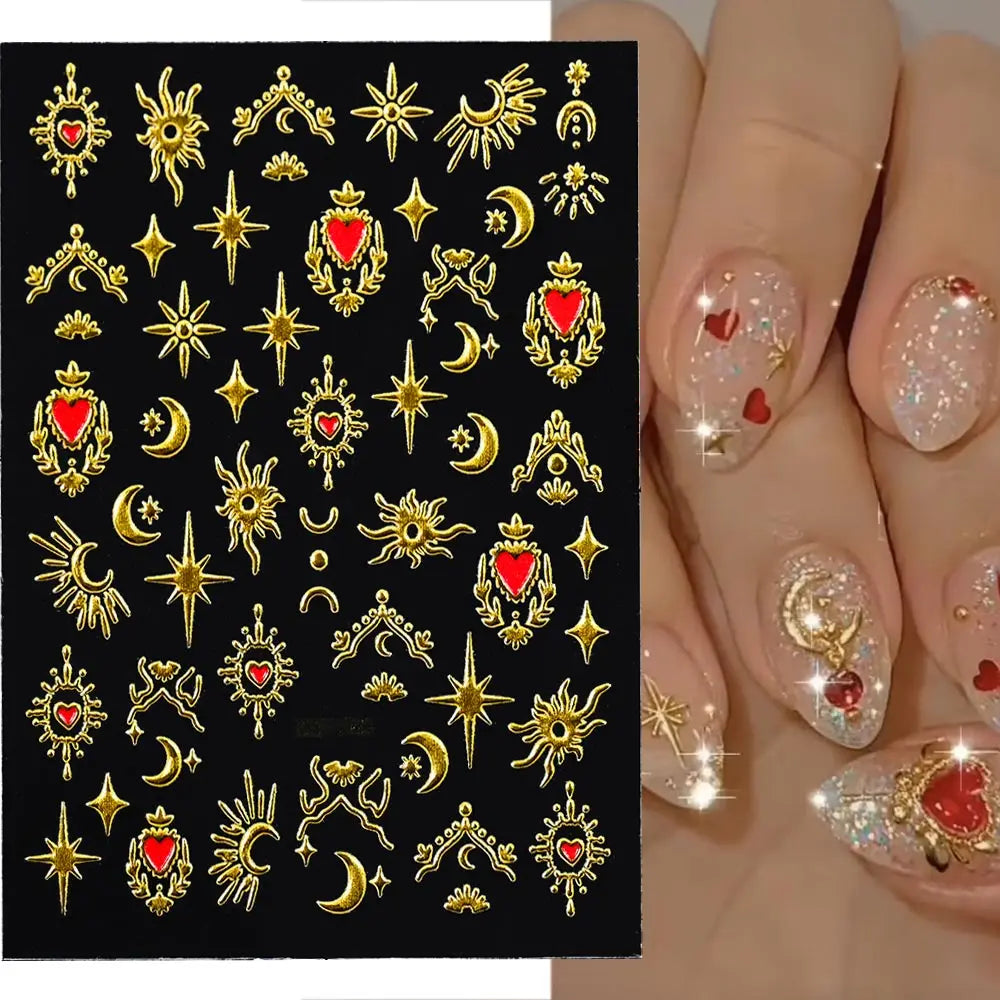 3D Gold/ Silver Star/Sun/Moon Bronzing Nail Art Sticker Laser Star Moon Styles Nail Decal Gold Silver Self-Adhesive Slider 1Pcs