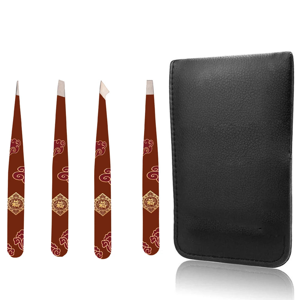 Stainless Steel Tweezer Set 4 Precision Tweezers with Leather Case Ideal Eyebrow Kit Ingrown Hair Tweezers Splinter Removal Kit
