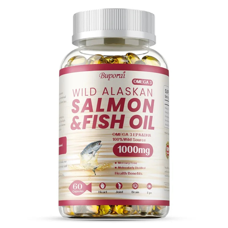 Salmon Fish Oil - Supports Brain and Nervous System, Cardiovascular and Skin Health, Antioxidant, Memory Enhancement