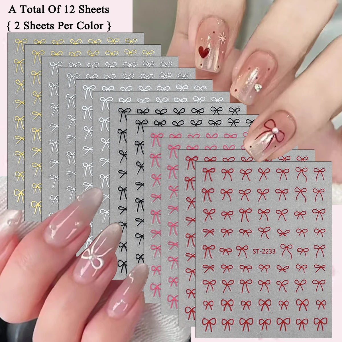 2 to 30 Sheets 3D Bow Nail Art Stickers, Mini Ribbon Outline Decals, Transparent Self-Adhesive Cute Design for DIY Manicure