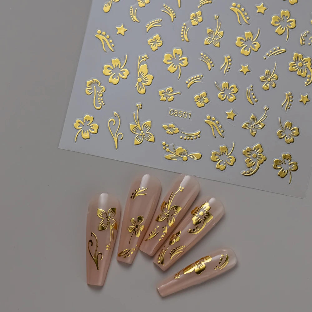 1pcs 3D Bronzing Gold Love Heart Nail Art Stickers Y2K Holographic Stars Sun Starlight DIY Nail Decals Heart Manicure Decoration