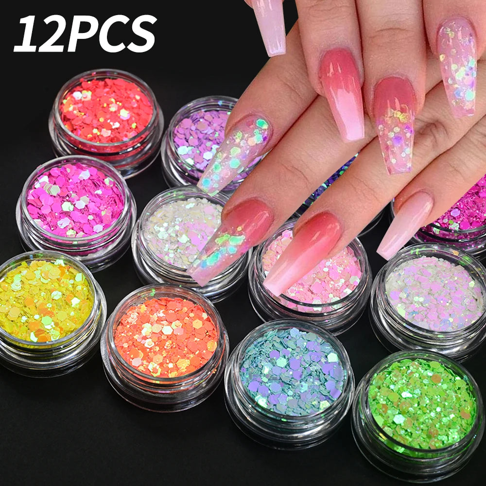 12Pcs Iridescent Nail Art Glitter Sequins Holographic Mix Hexagon Chunky Flakes DIYGel Polish Crafts Manicure Decorations Powder