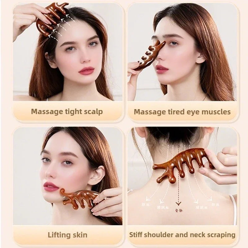 2025 New Natural Sandalwood Head Massage Five Teeth Comb Whale Comb Scalp Scraping Massager Body Massage Tools Neck Massager