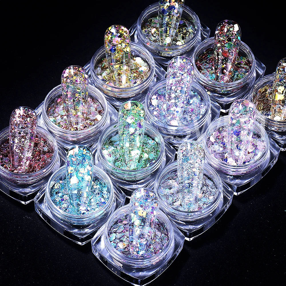 12 colors Holographic Hexagon Nail Sequin Shiny Nail Glitter Flakes Chunky Iridescent Sequins Manicure Decorations Nail Supplies