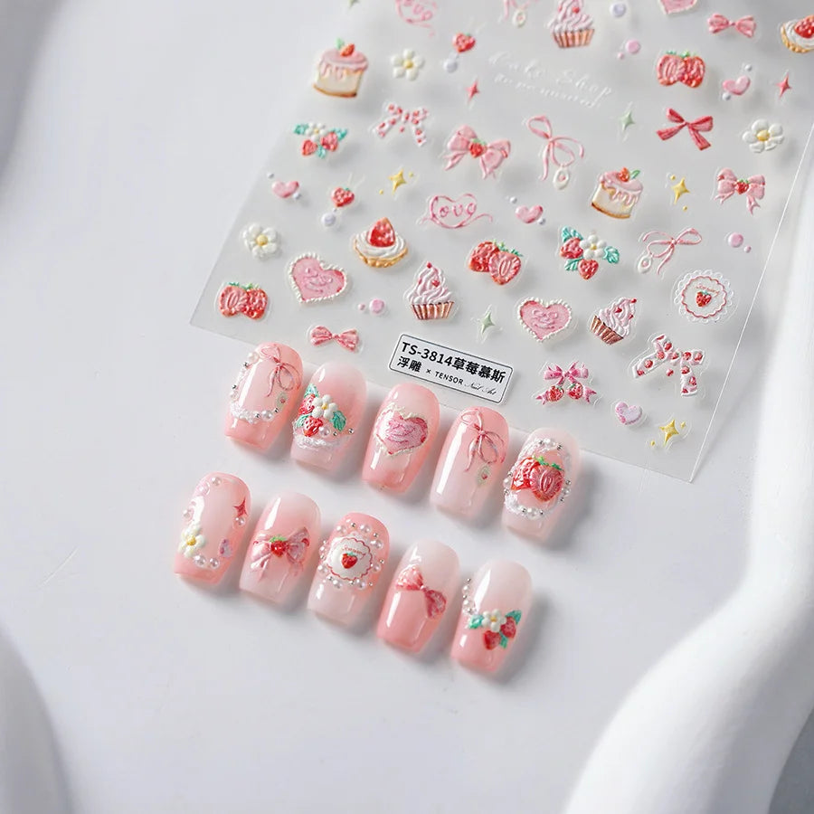 Nail Art Stickers Cute Manicure Decals Lovely Strawberry Muffin Cream Cake Ice Cream Bowknot 5D Embossed Reliefs Self Adhesive