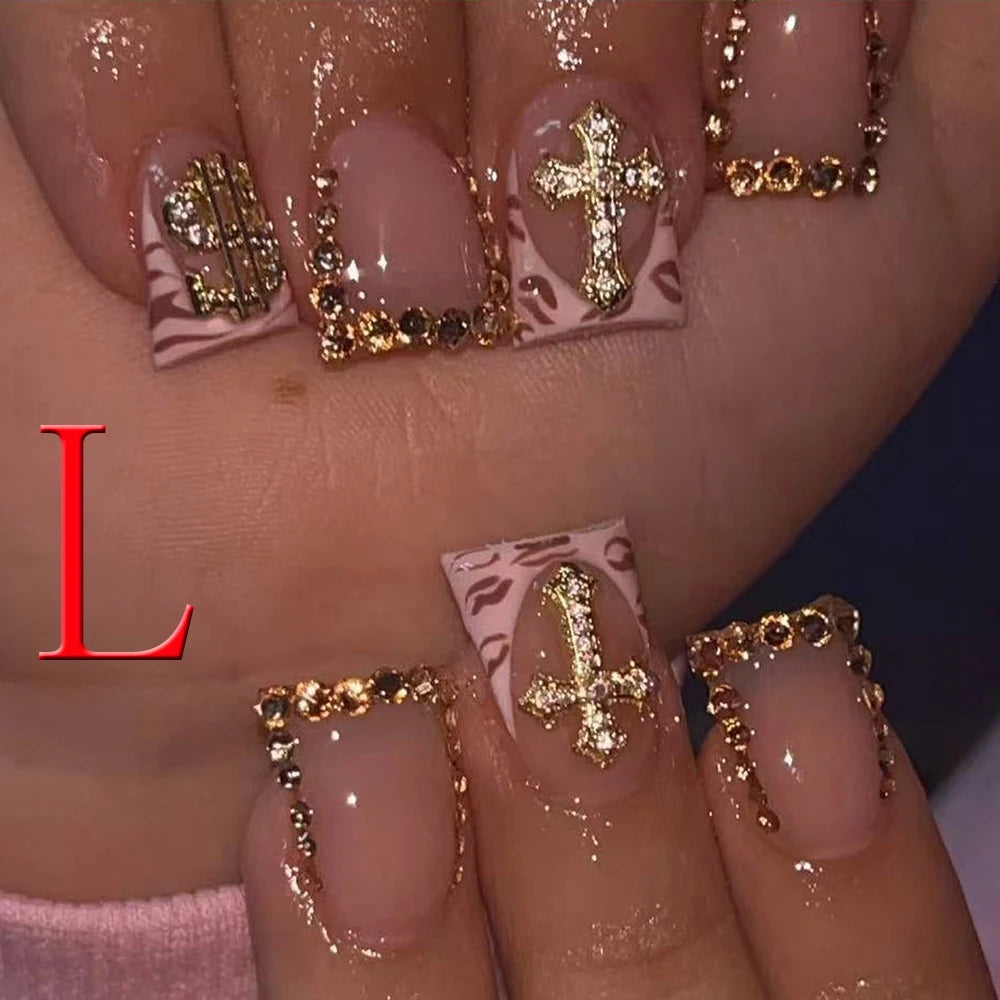10PCS Diamond French Pointed Nail Short Square Nail Nude Fake Nail With Gold Glitter Diamond Nail Leopard Print Fake Nail