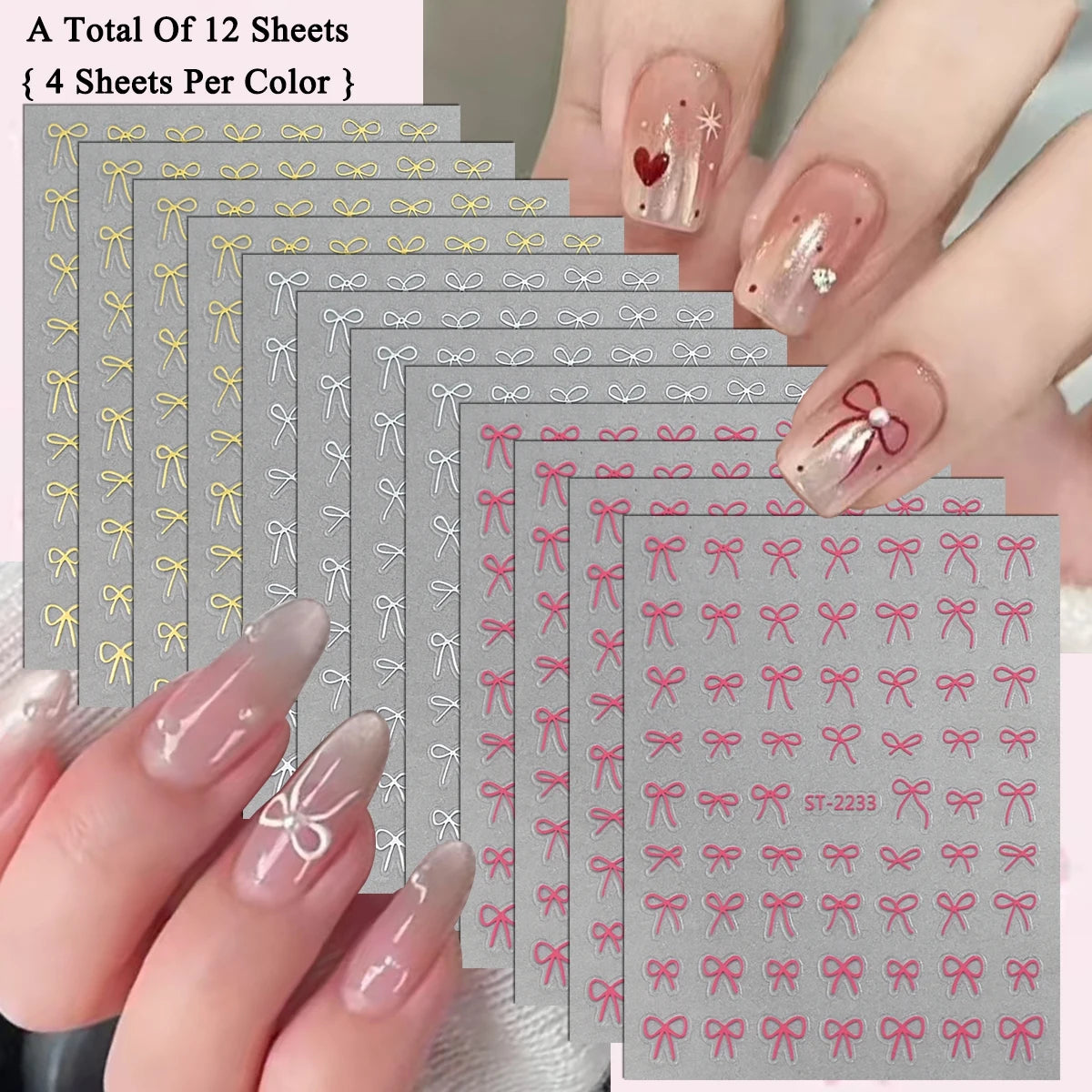 2 to 30 Sheets 3D Bow Nail Art Stickers, Mini Ribbon Outline Decals, Transparent Self-Adhesive Cute Design for DIY Manicure