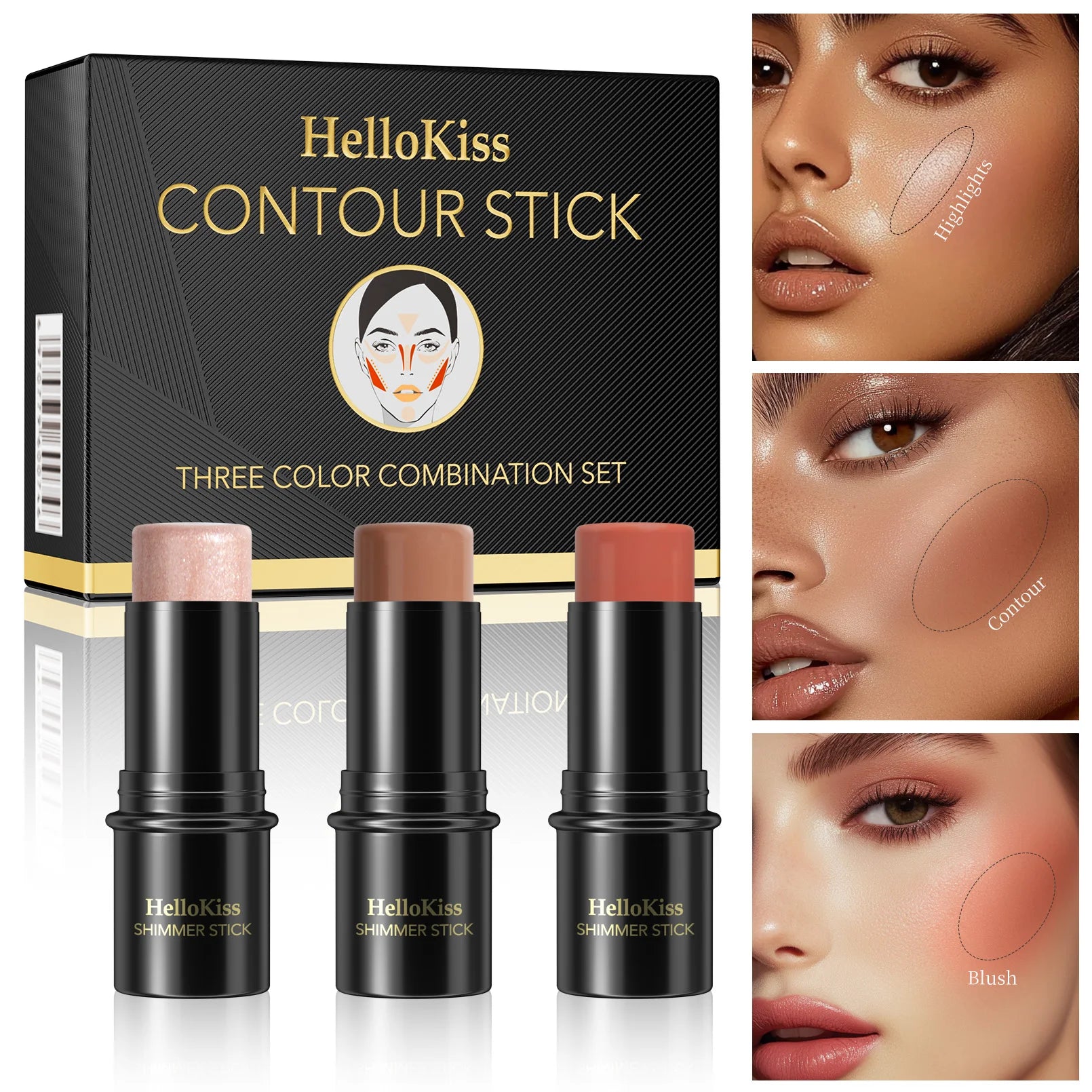 1 Set of 3 Contour Sticks, Highlighter Stick, Blush Stick, 3-Piece Cream Contour Set Including Contour Brush, Creates Facial Contours, Non-Greasy