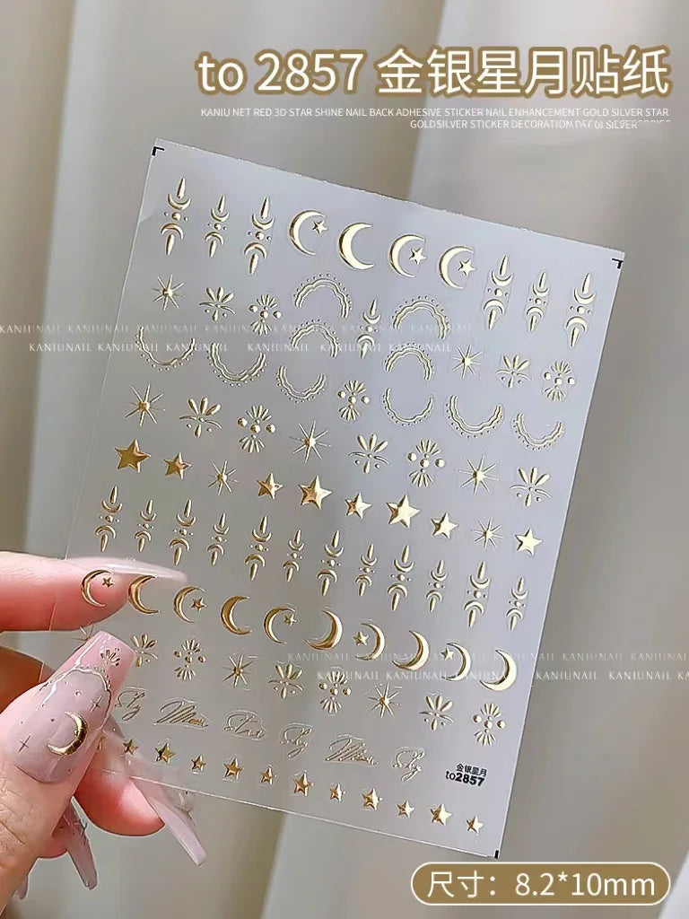 3D Gold Silver Star Nail Art Stickers Black White Crescent Moon Decals Self Adhesive Slider Polish Stickers Manicure Decoration