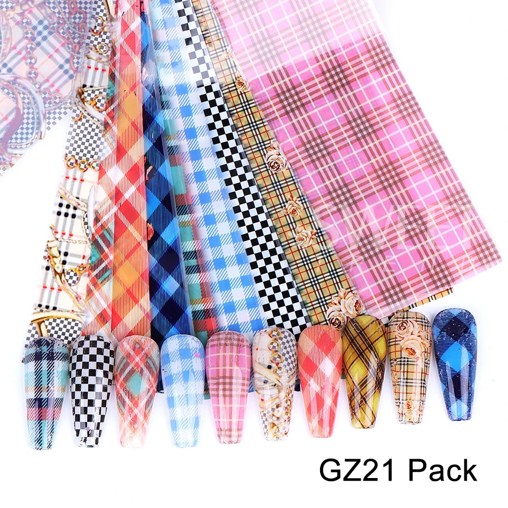 10PCS Plaid Nail Art Foil Transfer Paper Black White Grid Animal Plaid Print Pattern Nail Sticker Manicure Decals Decorations