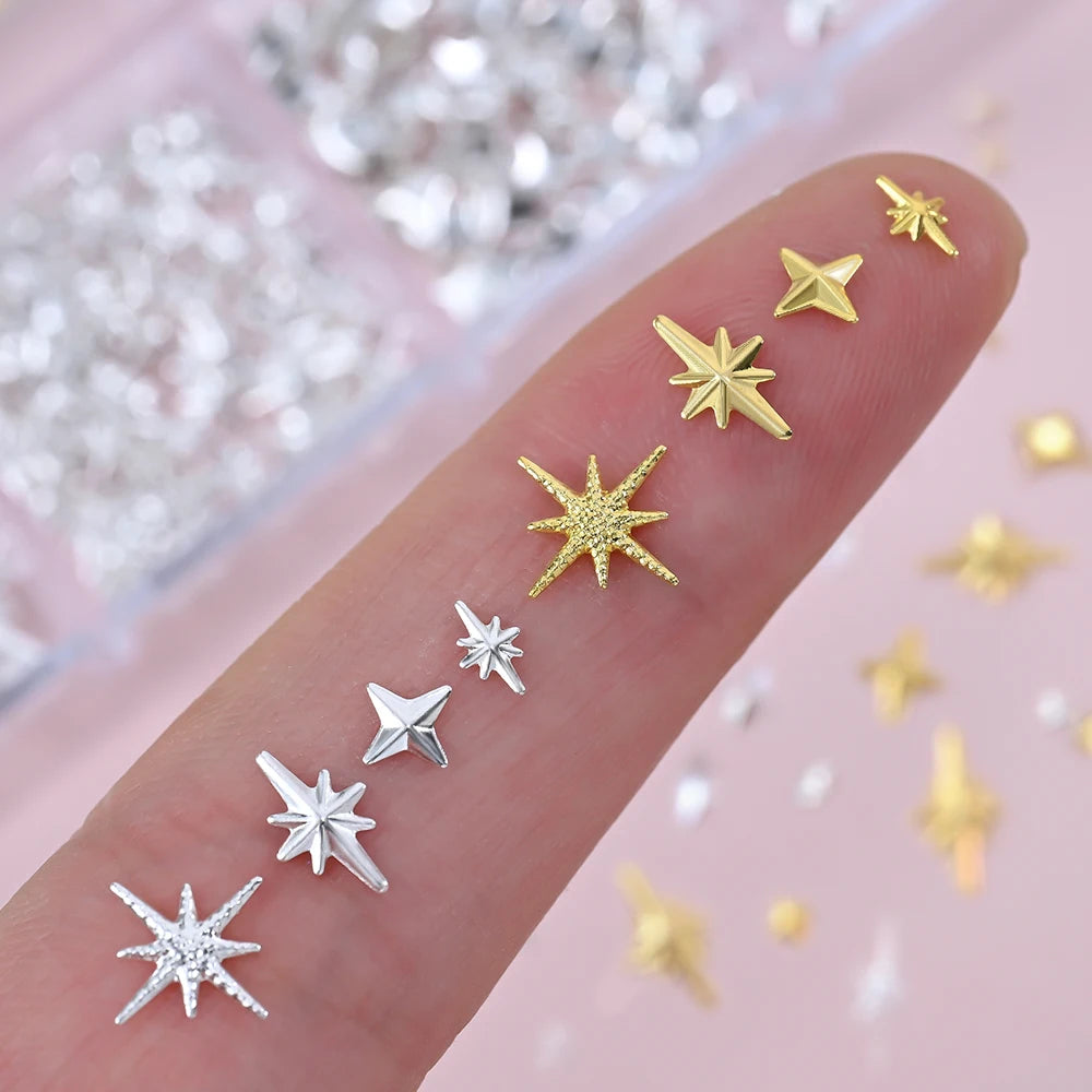 1000Pcs-12grids 3D Gold Silver Star/Cross Nail Rivet Studs Alloy Metallic Starlight Nail Charms Y2K 3d Cross/Star Manicure Rivet
