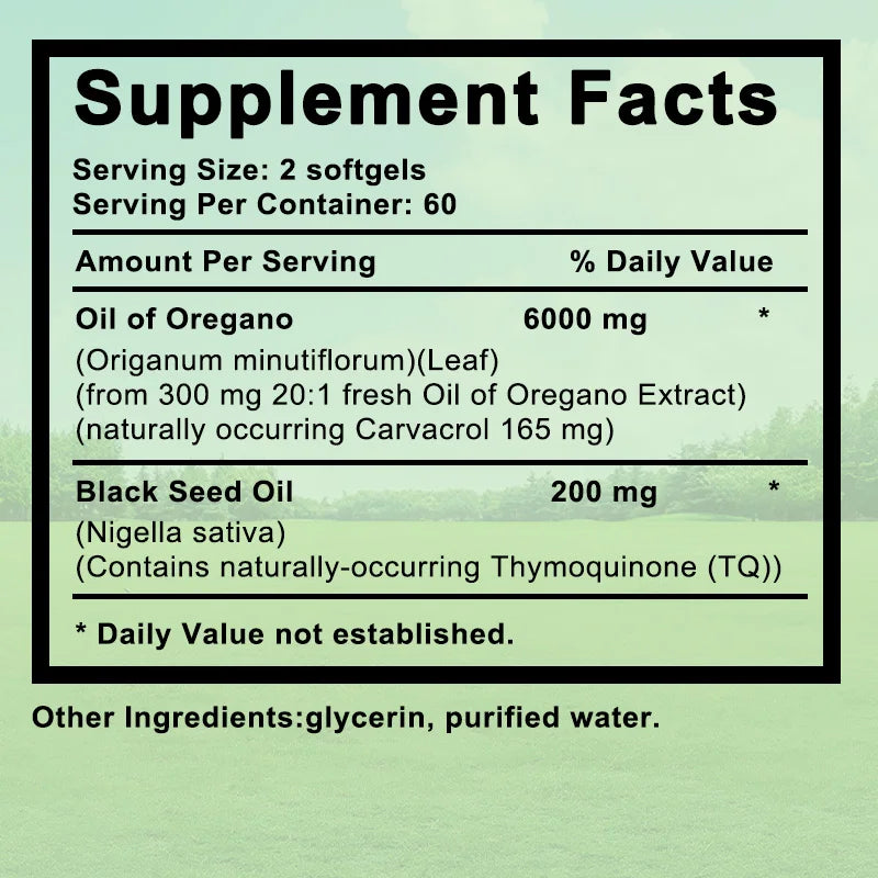 Oregano Oil 6000 mg, Black Seed Oil 200 mg, Supports Gut, Digestive & Immune Health, 120 Capsules