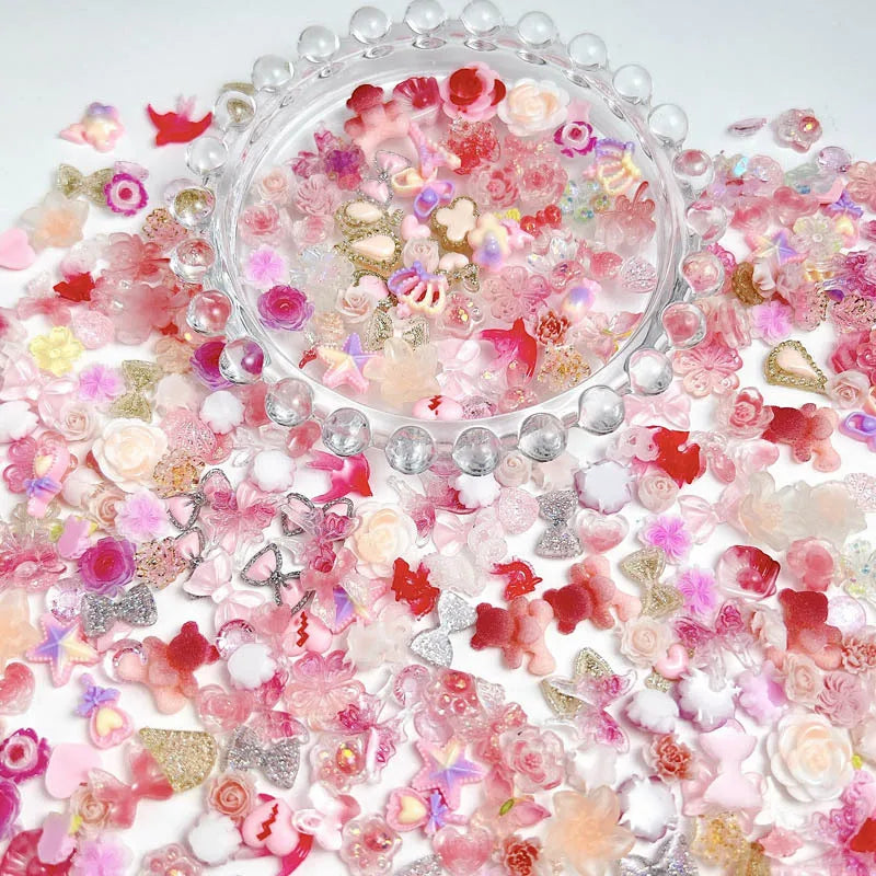 100Pcs Mixed Cute Cartoon Nail Charms 3D Resin Flower Bow Fruit Nail Art Decorations Manicure DIY Phone Case Accessories