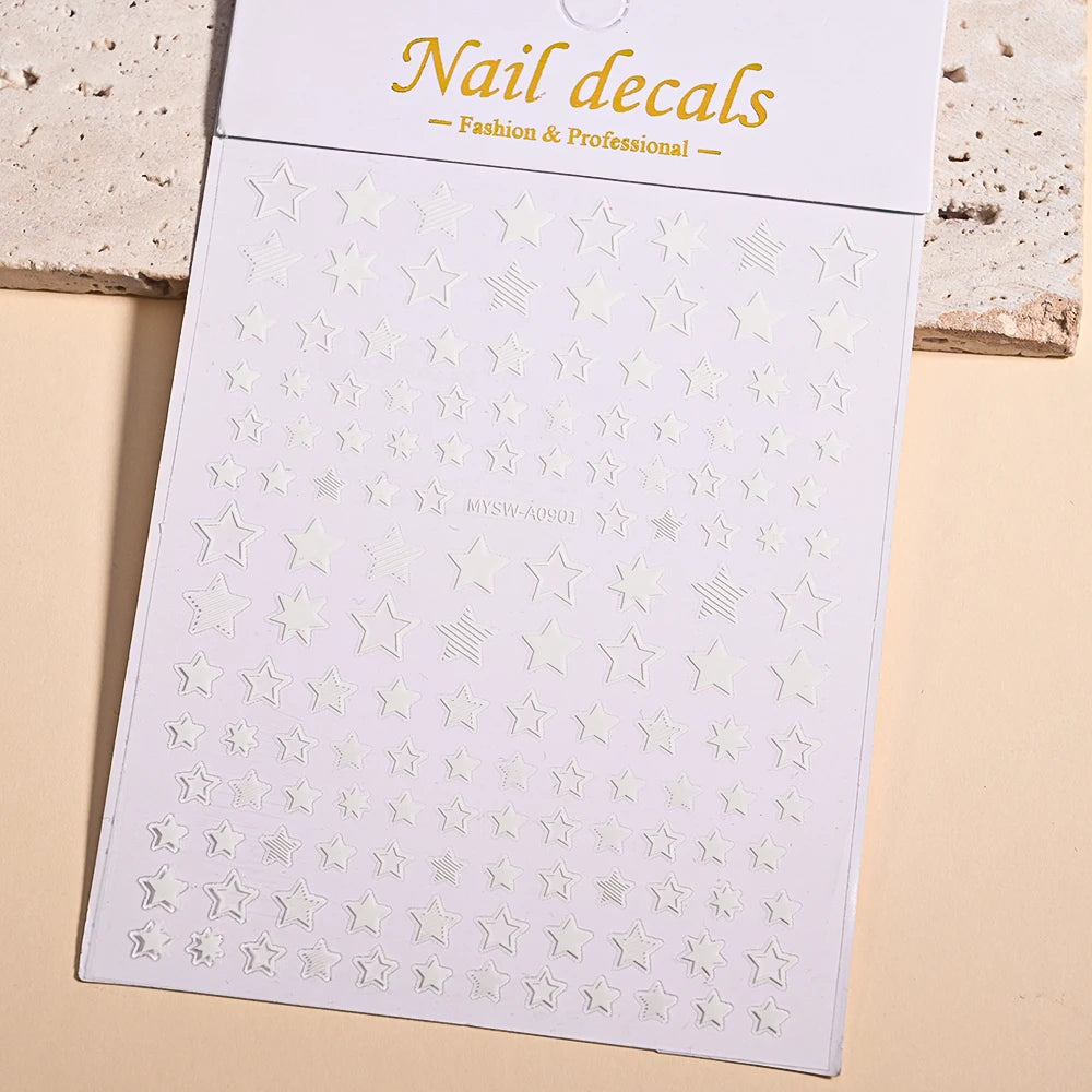 3D Gold Silver Star Nail Art Stickers Black White Crescent Moon Decals Self Adhesive Slider Polish Stickers Manicure Decoration