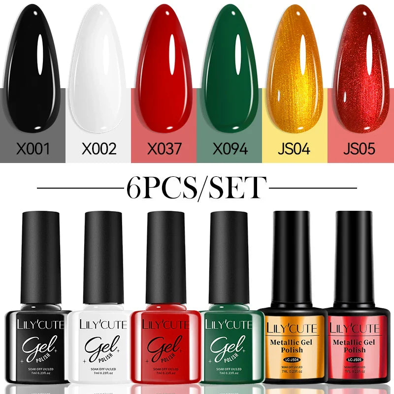 LILYCUE 6Pcs/Set Red Nude Glitter Gel Nail Polish Gorgeous Full Coverage Soak Off UV Gel Nail Art Base Top Coat Gel Polish Kits