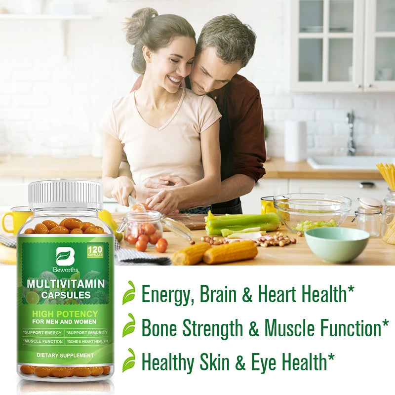 BEWORTHS Multivitamin Capsules Support Brain, Nerve &Digestive Health Improve Focus Relieve Stress Protect Heart,Bone,Skin& Hair