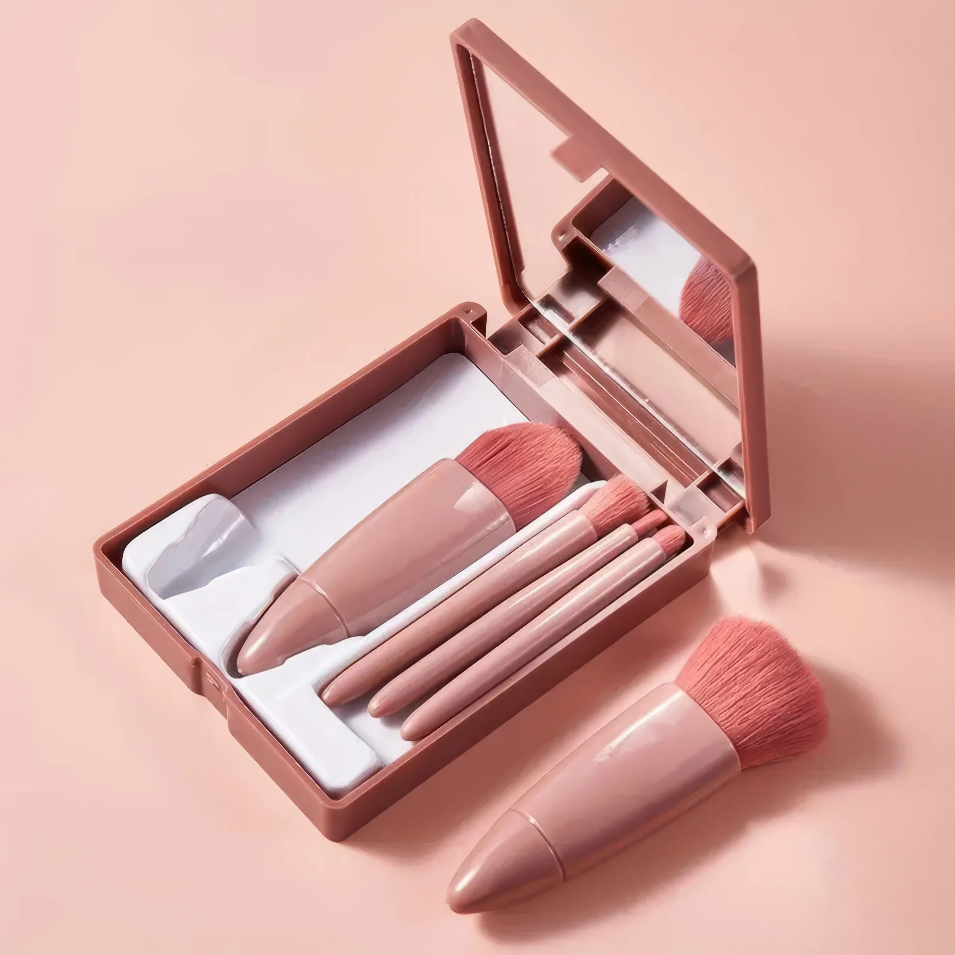 1 Set Chic Pink Makeup Brush Set - Mirror Compact, 5pcs Soft Bristles Versatile for Blush Eye Foundation