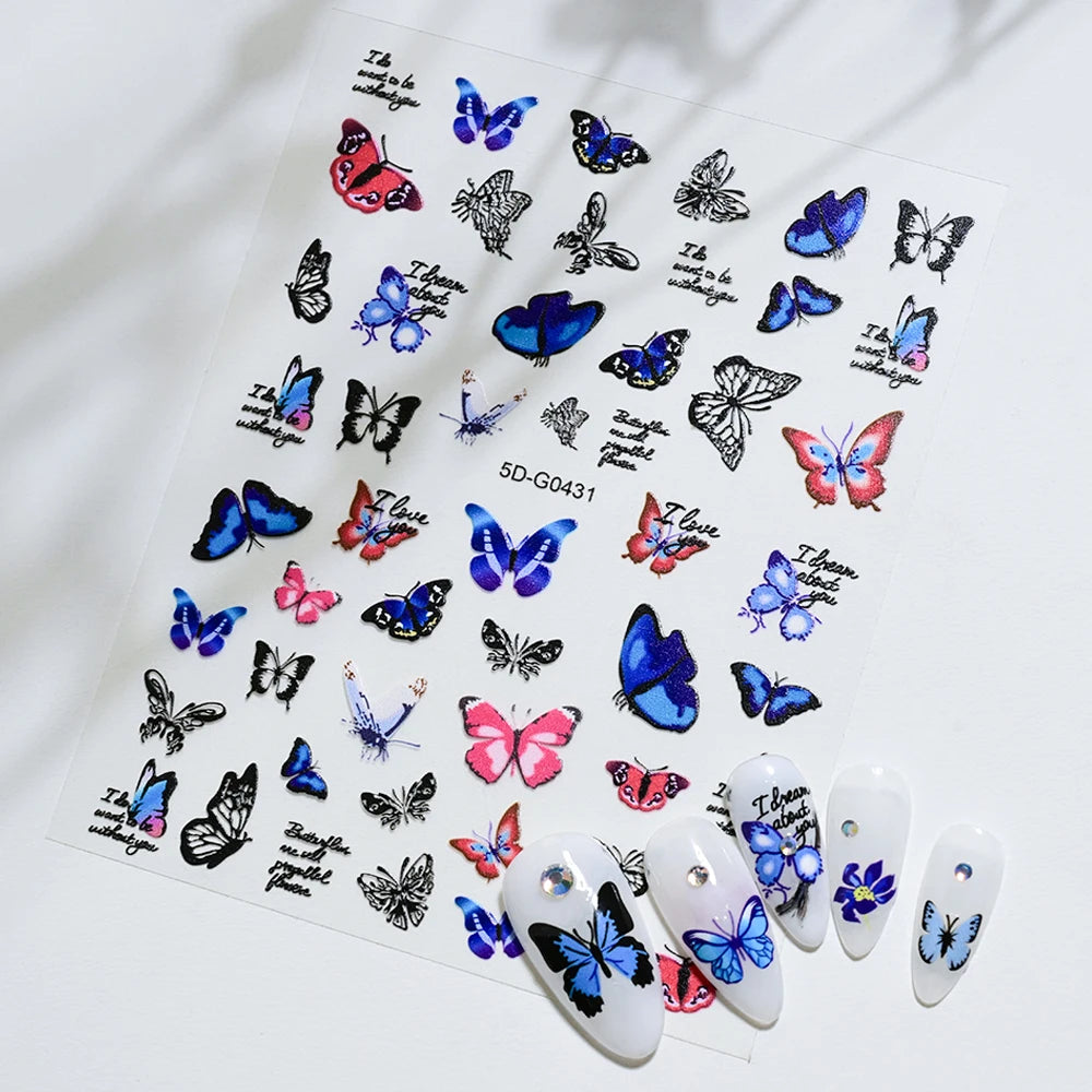 1PC 5D Macaron Flower/Fruit Nail Charms Sticker Embossed Bear/Rabbit/Letter Nails Slider Decals Summer Adhesive Manicure Decor&Y