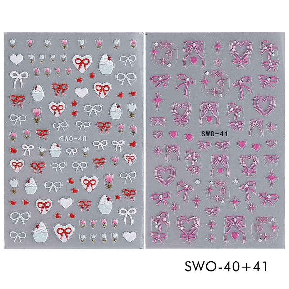 2pcs Sweet Element Nail Art Stickers Simple Flower Heart Cherry Strawberry Kawaii Decals Colorful Bow Butterfly Manicure Sliders