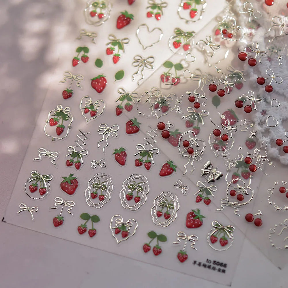 Strawberry Nail Art Stickers 5D Gold Silver Embossed Strawberry Jelly Nail Decals Sticker Bow Heart Shape Adhesive Sliders
