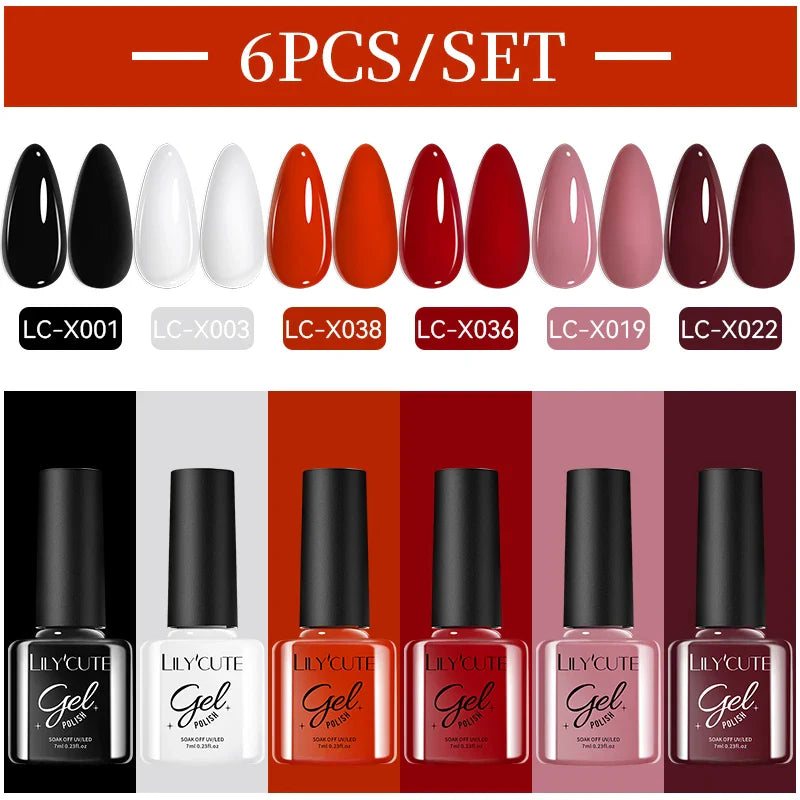 LILYCUE 6Pcs/Set Red Nude Glitter Gel Nail Polish Gorgeous Full Coverage Soak Off UV Gel Nail Art Base Top Coat Gel Polish Kits