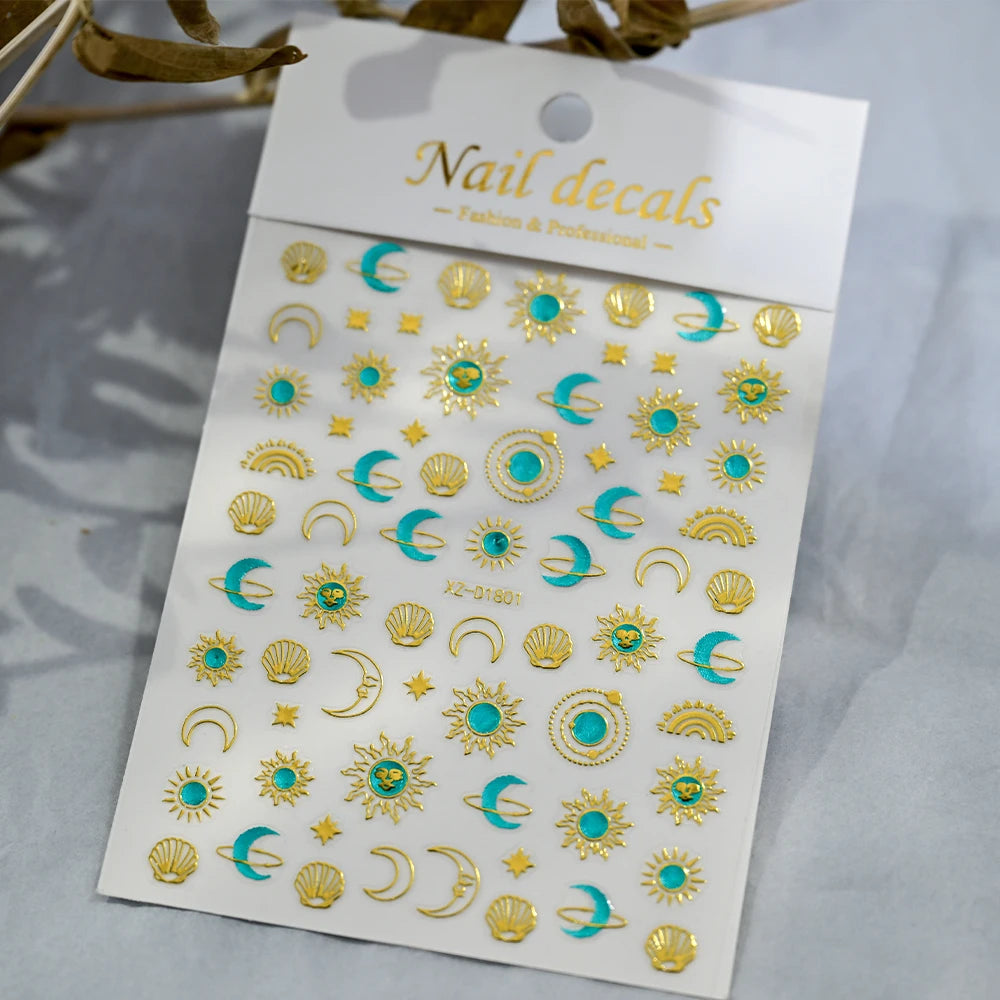 1pcs 3D Bronzing Gold Love Heart Nail Art Stickers Y2K Holographic Stars Sun Starlight DIY Nail Decals Heart Manicure Decoration