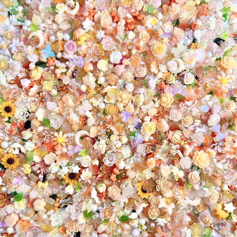 Random Mixed Orange Series Flower Butterfly Nail Charms 3D Resin Sunflower Bear Bow Nail Art Decorations Manicure DIY Supplies