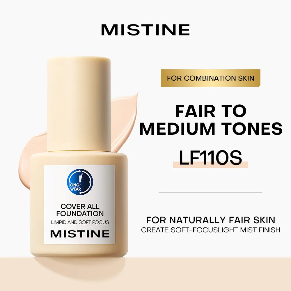 Mistine Foundation Full Coverage Makeup for 36H Longwear Waterproof Lightweight Liquid Foundation for Combination Skin