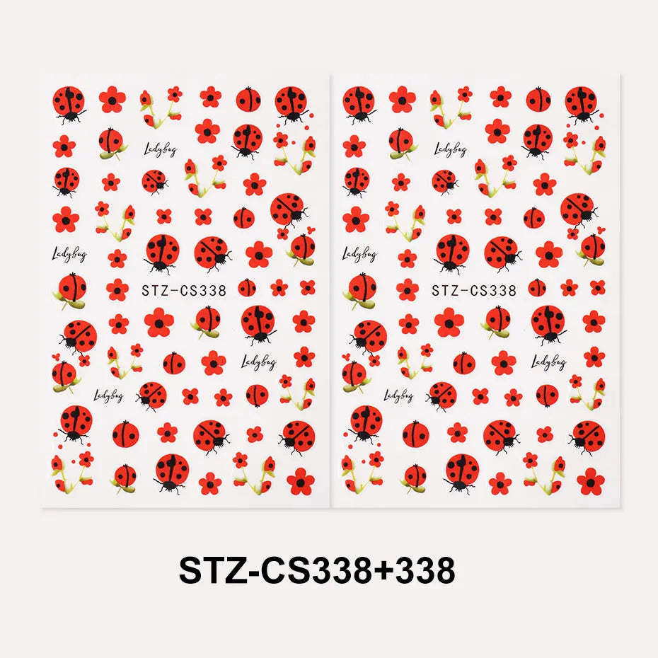 2pcs 3D Cartoon Ladybug Nail Stickers Cute Insect Red Petals Self-Adhesive Manicure Decal Lovely Flower Charms Foils Decor Nails