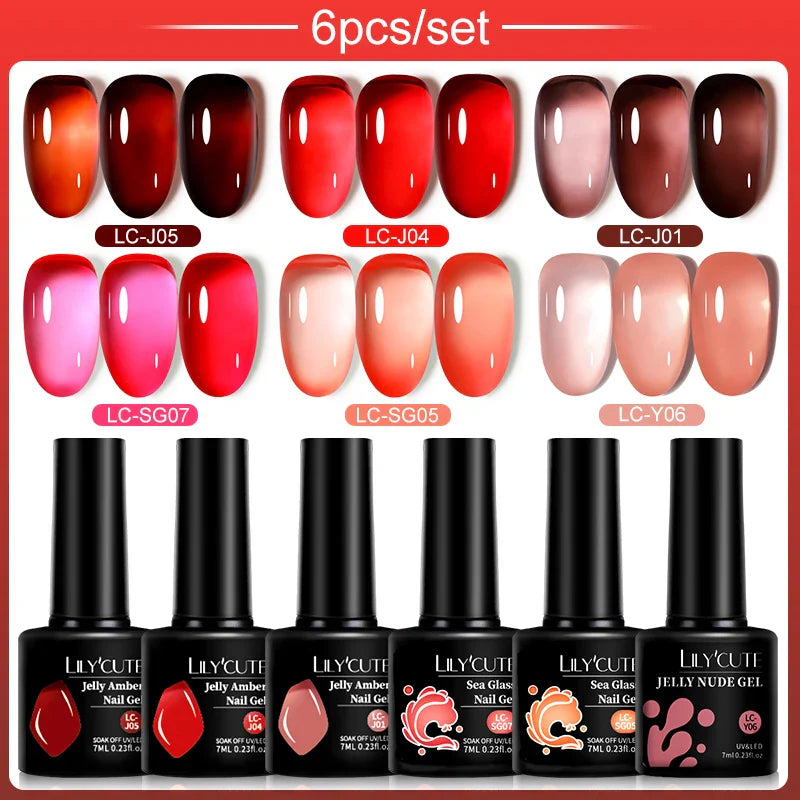 LILYCUE 6Pcs/Set Red Nude Glitter Gel Nail Polish Gorgeous Full Coverage Soak Off UV Gel Nail Art Base Top Coat Gel Polish Kits