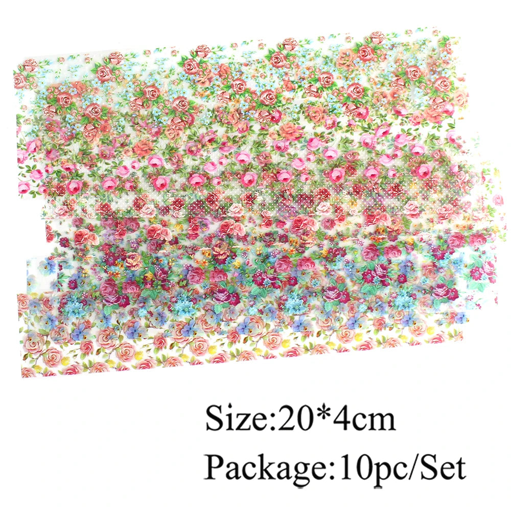 10pcs Holographic Nail Foil Slider Mix Flower Designs Set Transfer Nails Stickers Floral Prints Manicure Decal Art Decoration