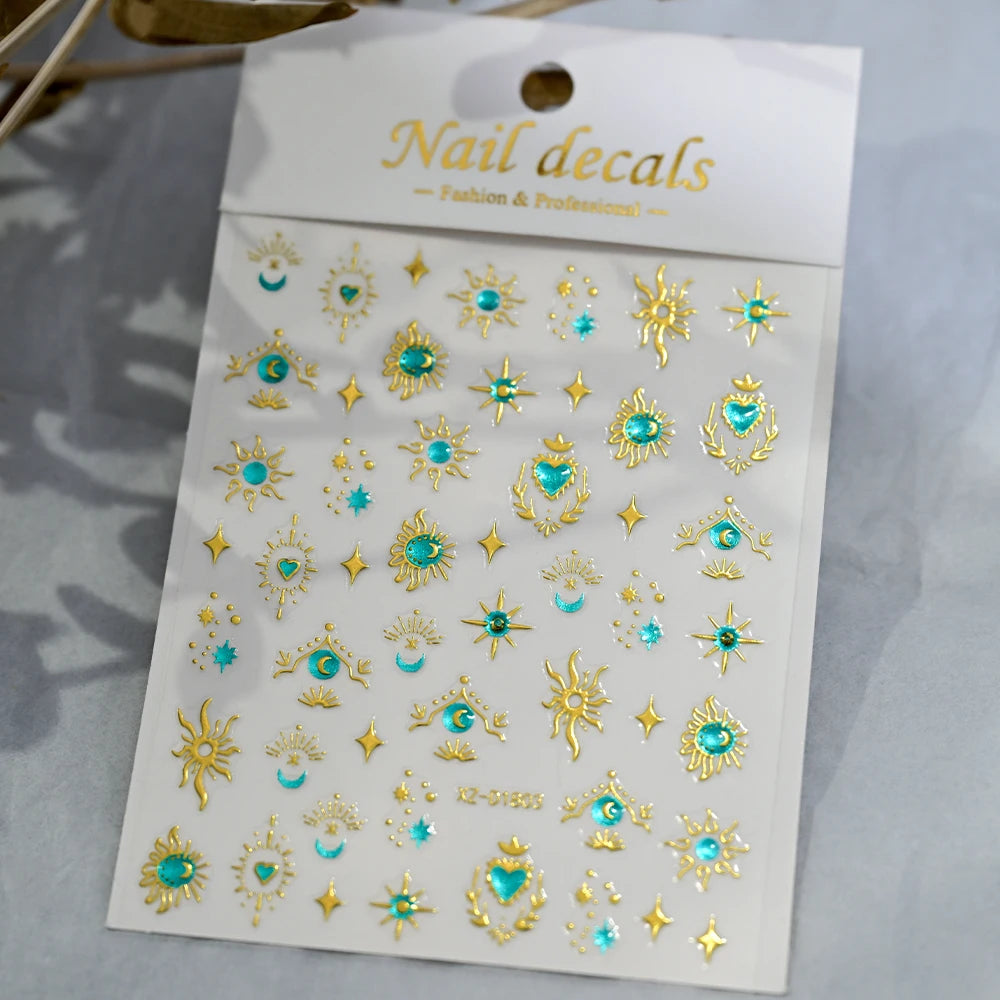 1pcs 3D Bronzing Gold Love Heart Nail Art Stickers Y2K Holographic Stars Sun Starlight DIY Nail Decals Heart Manicure Decoration