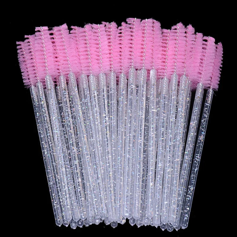 wholesale 50pcs Disposable Eyelash Brushes Crystal Eye lash Mascara Wands Glitter Lash Comb Spoolies Micro Makeup Applicators