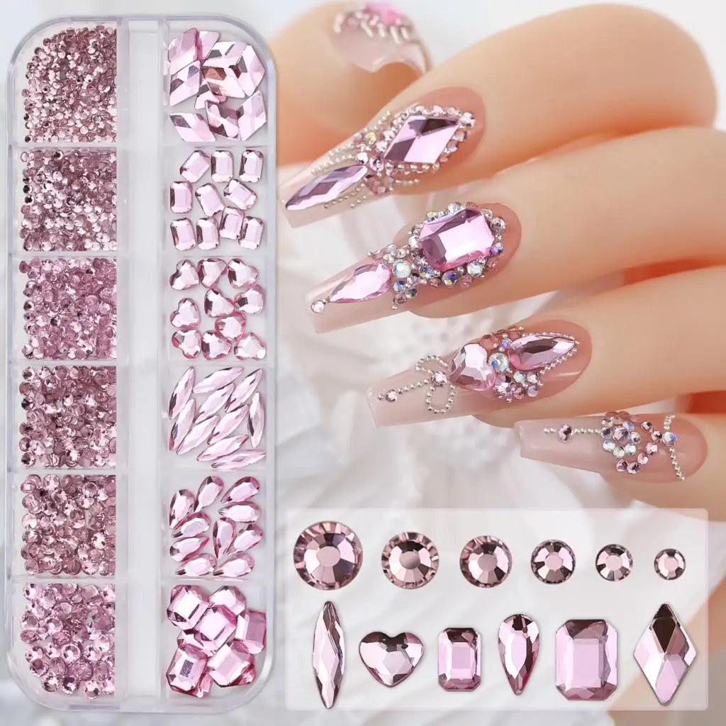 12Grids Pink Mixed Nail Rhinestones Luxury Nail Charms Glitter Crystal Jewelry Gems Nail Art Decoration DIY Manicure Rhinestones