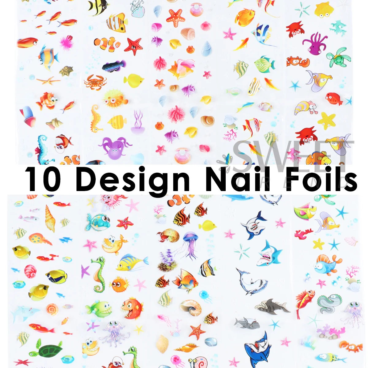 10pcs Adorable Marine Life Nail Transfer Foils Clownfish Starfish Conch Starry Sky Paper Summer Ocean Sliders Manicure Tattoos