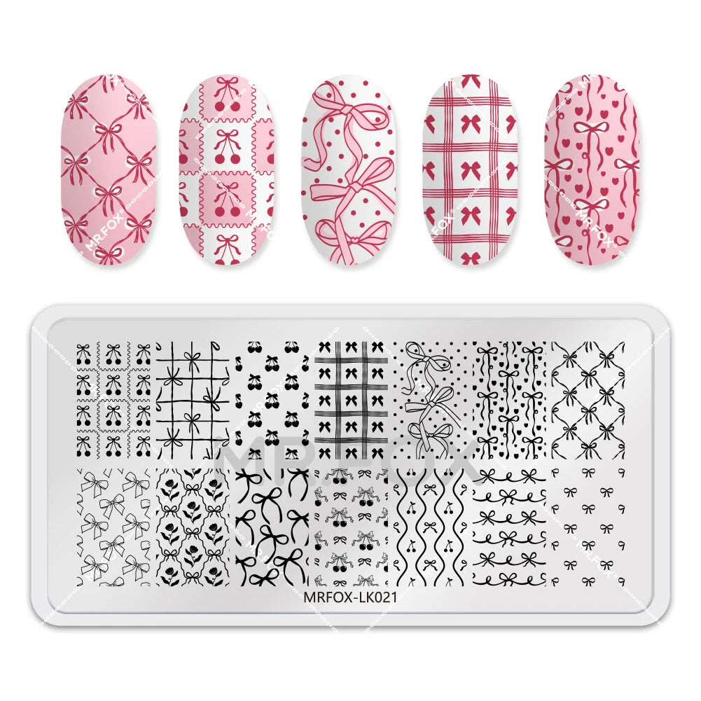 1PCS Bowknot Rectangle Nail Art Stamping Plates Cherry Pattern Stainless Steel Stencils for Nails Stamp Tools Manicure Template