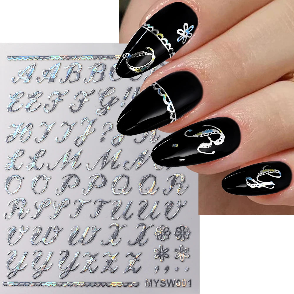 1Pc 3D Roman Letter Nail Stickers Gold/Silver/Black/Laser Alphabet Self Adhesive Decal Y2K English Words/Number Manicure Sliders