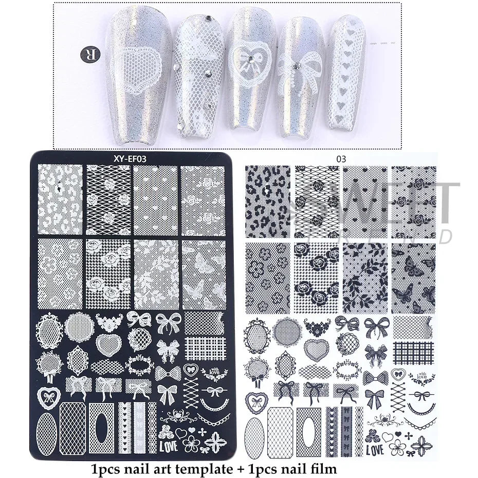 Lace Flower 3D Nail Art Stamping Plate Bow Heart Line Butterfly Printing Template Plate Floral Nail Art Stencils Manicure Tools