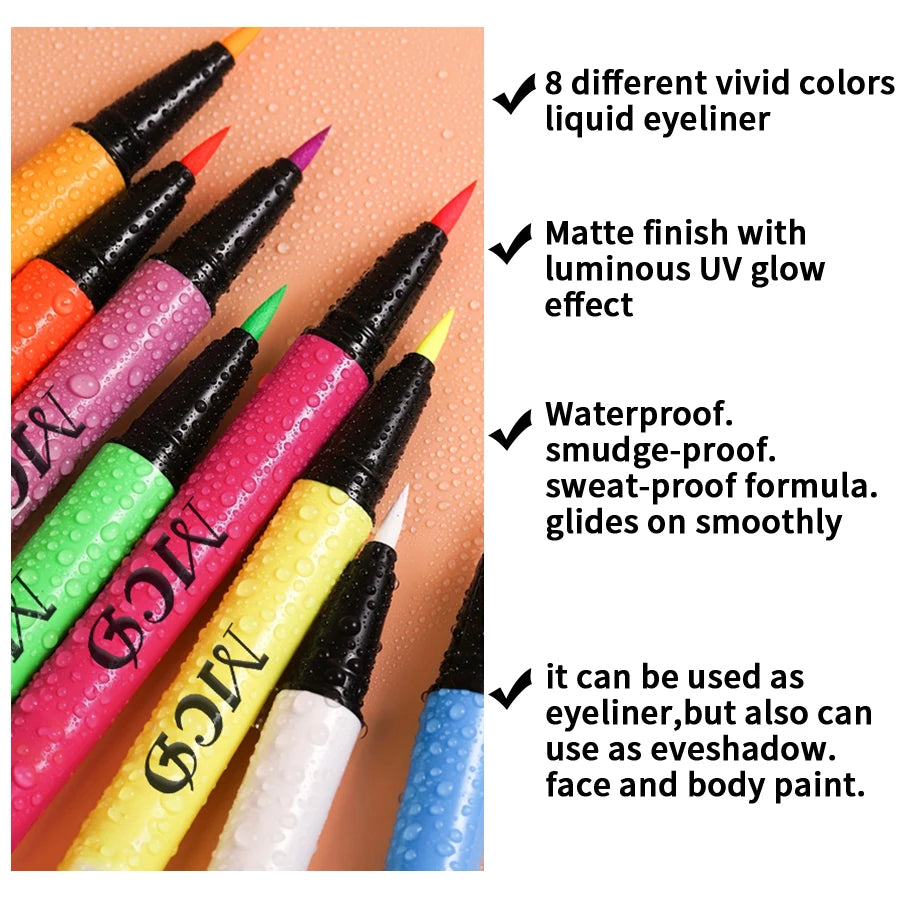 8Colors Liquid Eyeliner Neon Colored Eyeliner Pen Waterproof Uv Blacklight Fluorescent Face Body Paint Makeup Yellow Purple Red