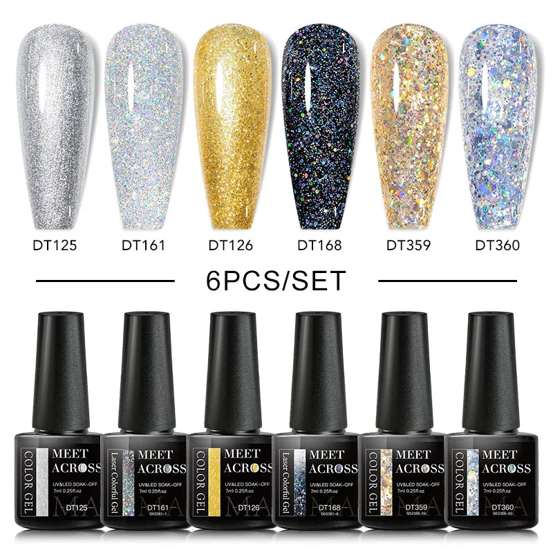 MEET ACROSS 6PCS/SET Macaron Series Gel Nail Polish Set Glitter Semi Permanent UV Nail Kit Base Matte Top Coat Nail Art Manicure